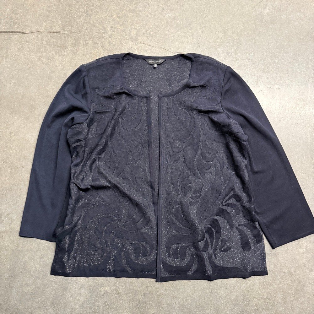 Ming Wang Navy Blue Metallic Scroll Knit Open Front Jacket Plus Size 2X